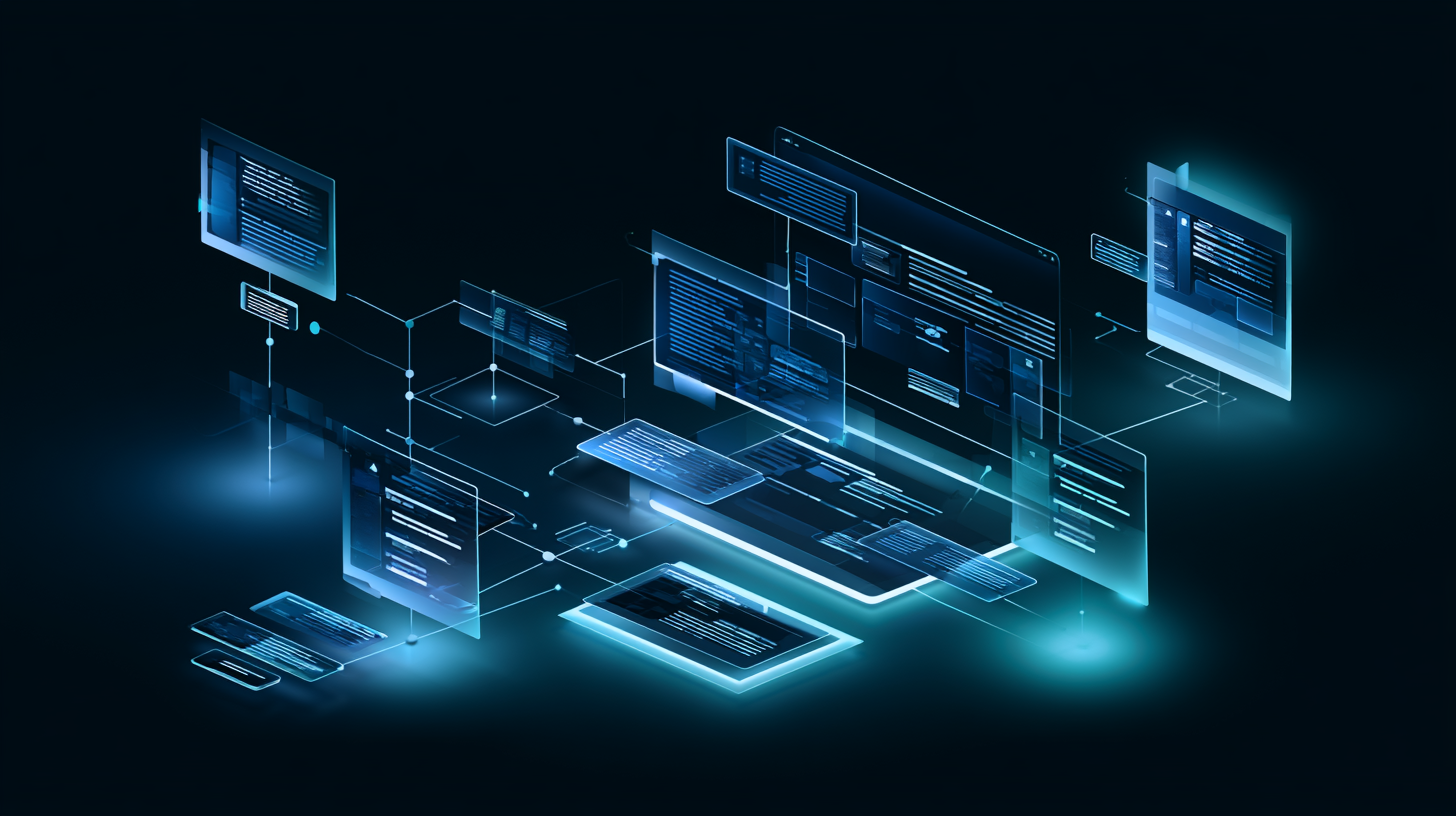 Abstract AI-assisted workflow architecture with connected screens and interface nodes.